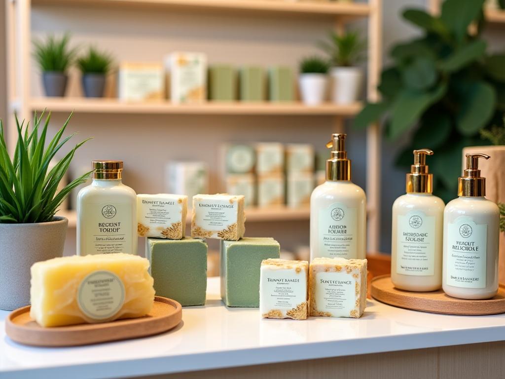 Wholesale boutique display featuring artisan soap products and sustainable retail setup